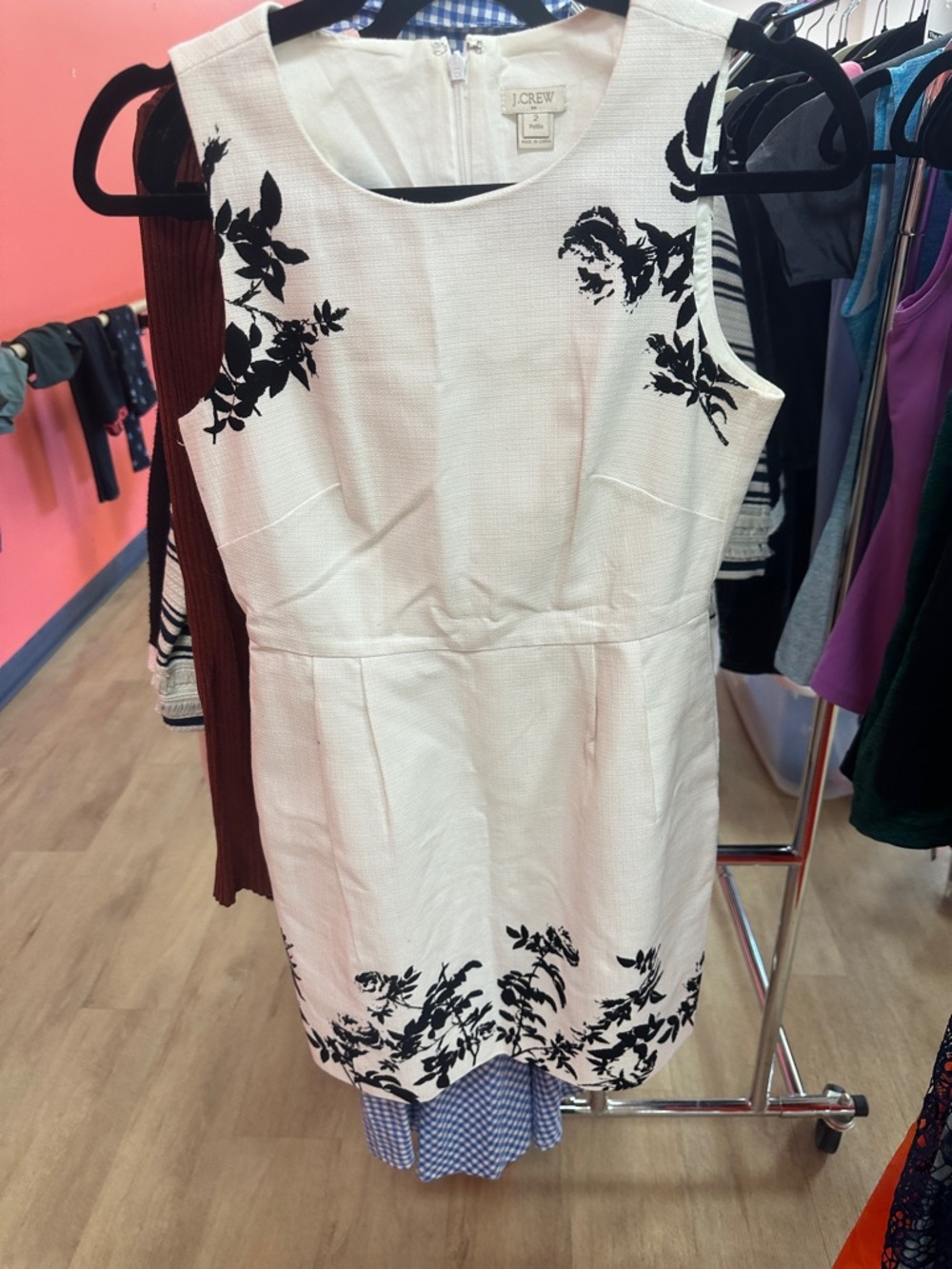 J. Crew Cream Sleeveless Dress with Black Floral Accents